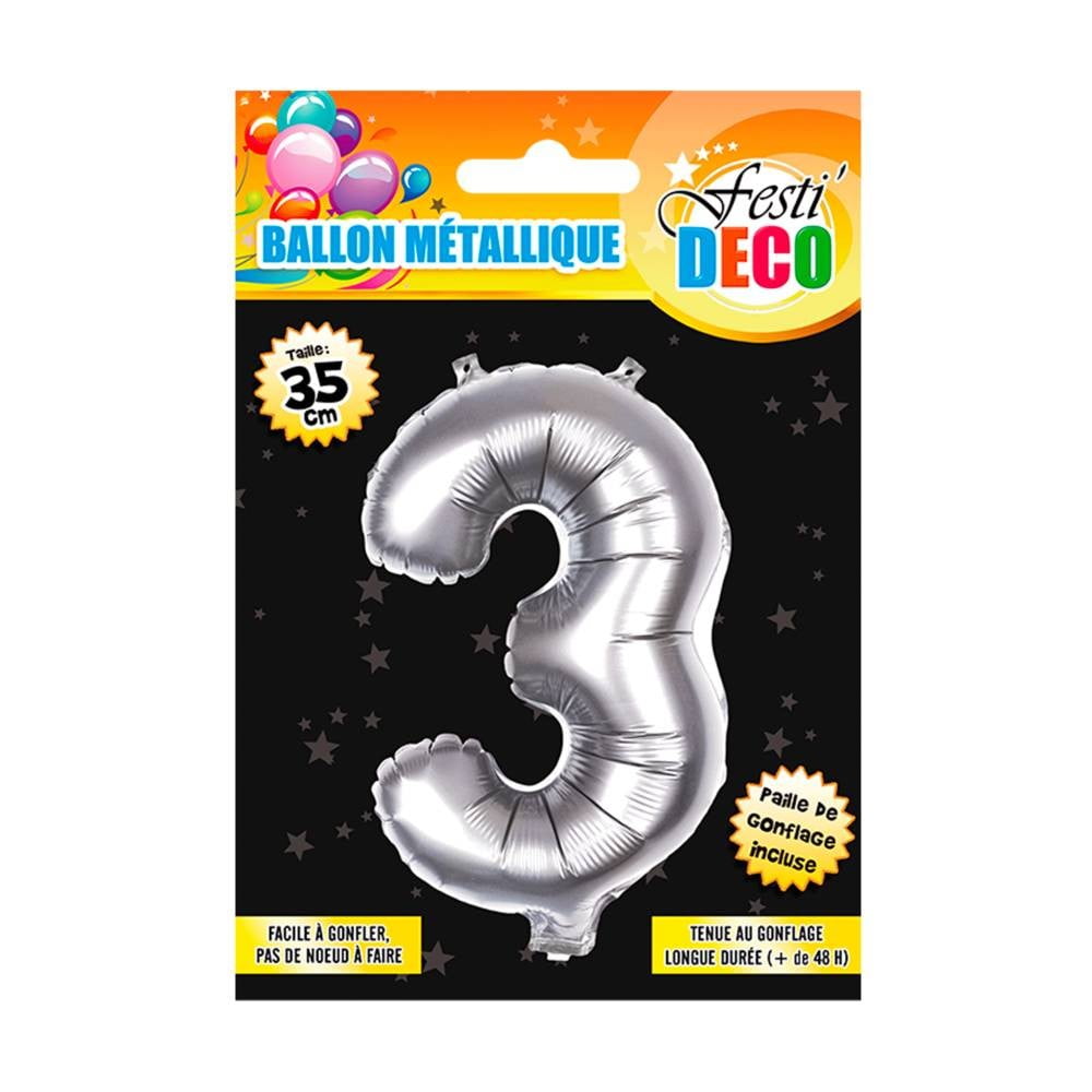 Ballon métallique argent chiffre 3