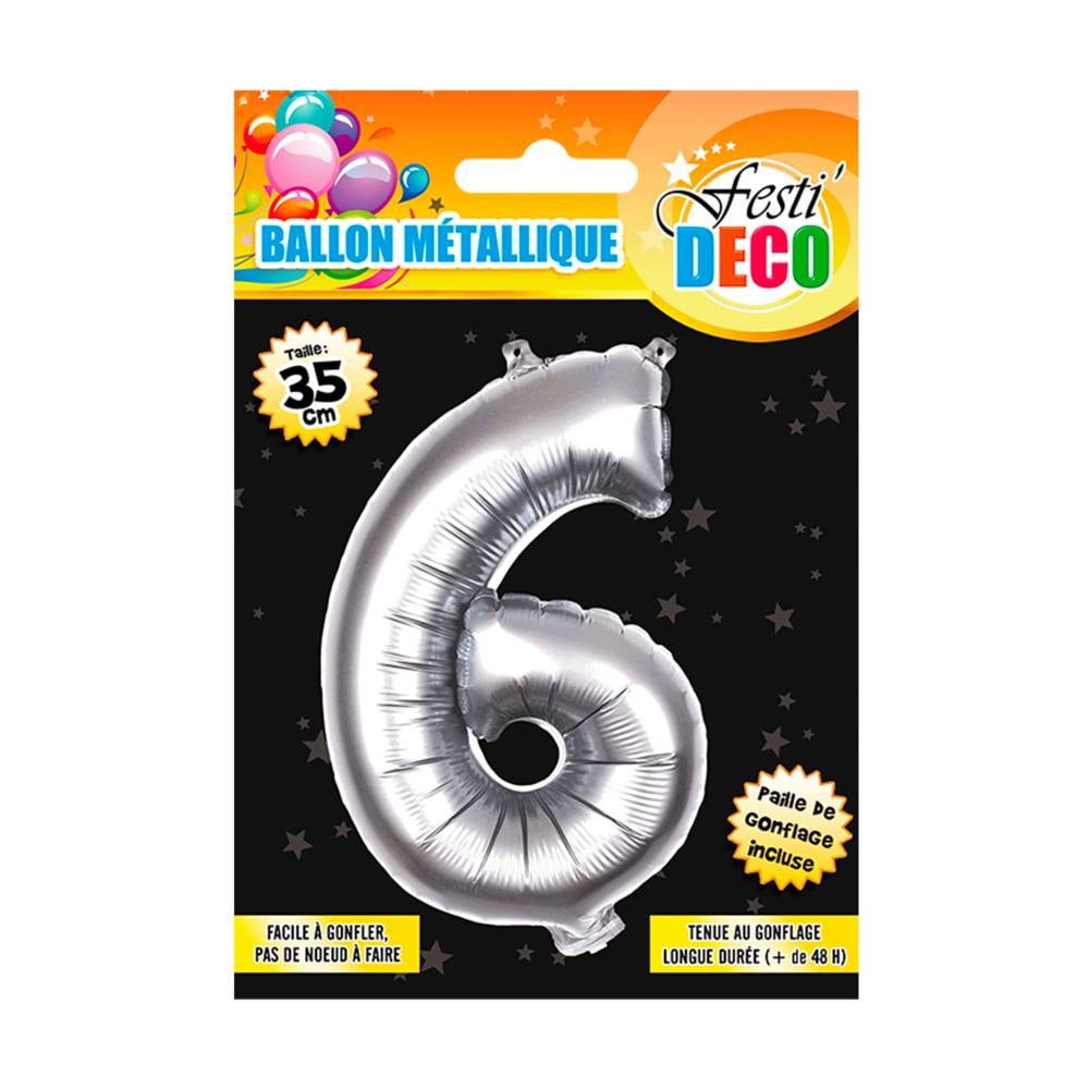 Ballon métallique argent chiffre 6