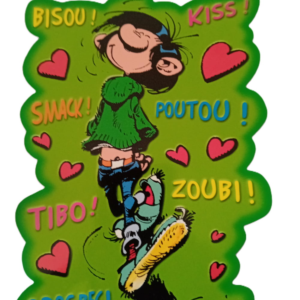 Carte découpée Gaston Lagaffe Bisous coeur