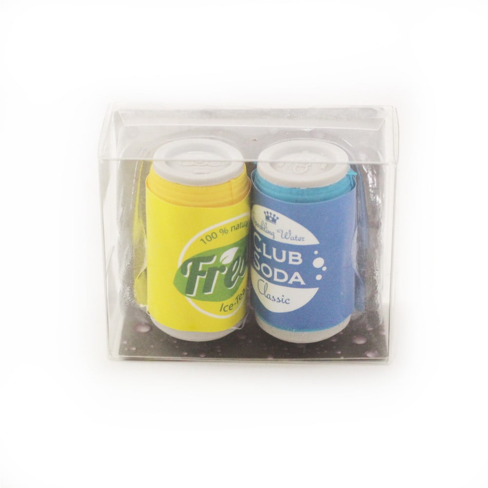 Gomme 2 cannettes de soda jaune et bleue