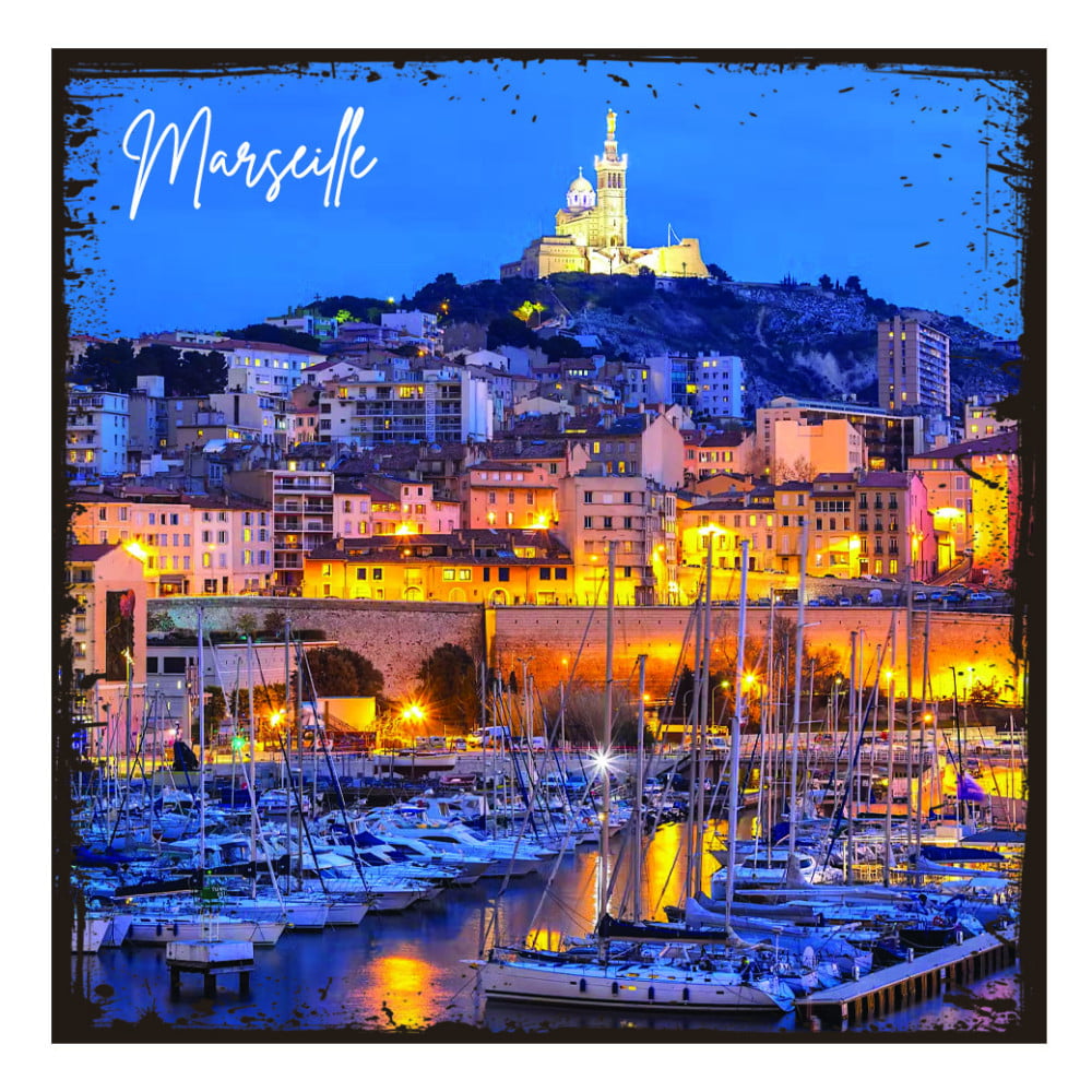 Magnet vintage Marseille Le Port et Notre  Dame la nuit